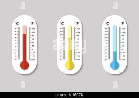 Icone vettoriali di Celsius e Fahrenheit meteorologia termometri misurare il calore, normale e freddo in stile appartamento. Il design del modello in eps10. Illustrazione Vettoriale