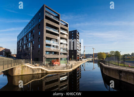 Il "Campo di cotone Wharf' blocchi di appartamenti in via di completamento, dal campo di cotone marina Park, New Islington, Ancoats, Manchester, Inghilterra, Regno Unito Foto Stock