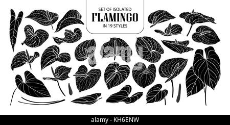 Set di silhouette isolato flamingo in 19 stili. carino disegnato a mano fiore illustrazione vettoriale nel profilo bianco e nero piano su sfondo bianco. Illustrazione Vettoriale