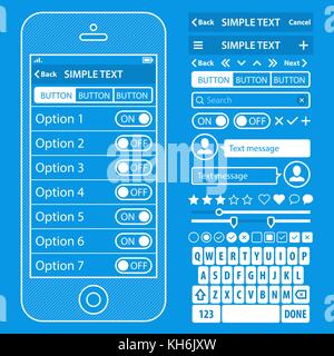 Gli elementi dell'interfaccia utente blueprint design kit di vettore nel colore alla moda con un semplice telefono cellulare, pulsanti, moduli di Windows e altri elementi di interfaccia. impostazioni scree Illustrazione Vettoriale