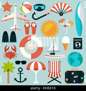 Set di flat riposo estivo icone. viaggiando, turismo, vacanze. illustrazione vettoriale in formato eps10 Illustrazione Vettoriale