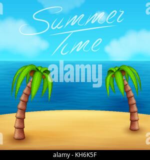 Bellissima vista mare sulla giornata soleggiata con sabbia e palm. estate. illustrazione vettoriale in formato eps10 Illustrazione Vettoriale