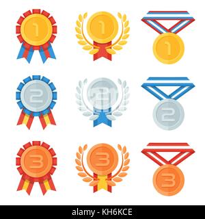 Oro, Argento, medaglia di bronzo nella piana set di icone. illustrazione vettoriale in formato eps10 Illustrazione Vettoriale