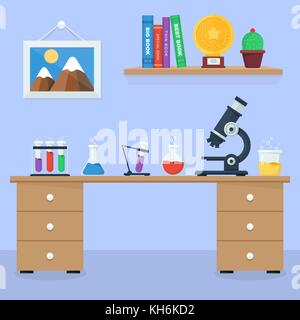 Area di lavoro di laboratorio e di concetto Workplace. Piatto stile design illustrazione vettoriale set di icone della scienza e dello sviluppo tecnologico. Illustrazione Vettoriale