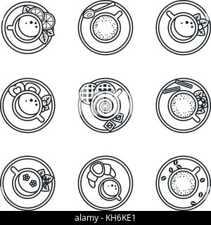 Lineart nero icona set. caffè, tè, bevande e cocktail. illustrazione vettoriale in formato eps10 Illustrazione Vettoriale