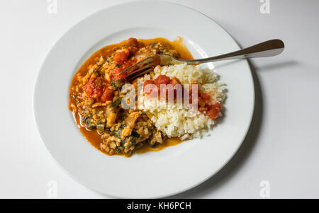 Pesce speziato spezzatino con riso bianco e Pico de Gallo Foto Stock