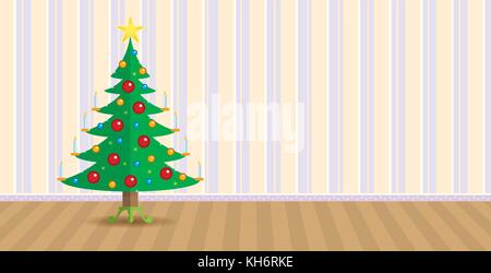 Albero di Natale decorato con candele accese all'interno di una camera con uno sfondo sulla parete in background. immagine vettoriale con copia spazio. Illustrazione Vettoriale