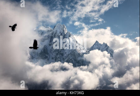 Due uccelli in volo contro majestical Manaslu montagna con la cima innevata in nubi nella soleggiata luminoso giorno in Nepal. Paesaggio con belle e alte rocce e b Foto Stock