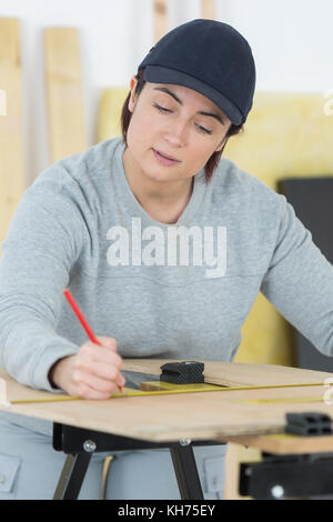 Ritratto di donna felice falegname redazione nuovo progetto in officina Foto Stock