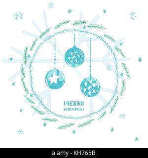 Simpatico biglietto di auguri di Natale con decorazioni pensili, cornice rotonda di rami di abete rosso, stelle e fiocchi di neve Illustrazione Vettoriale