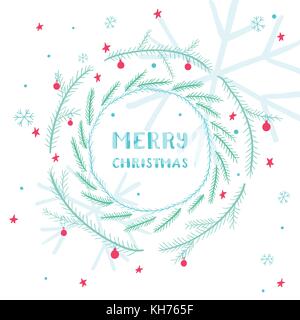 Simpatico biglietto di auguri di Natale con cornice rotonda ornato di rami di abete rosso, stelle e fiocchi di neve Illustrazione Vettoriale