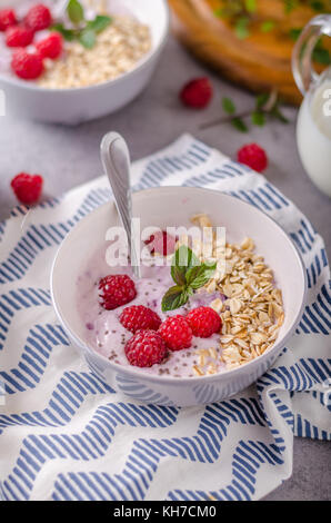 Una delizia sana colazione oatmeat rapsberry alimentare yogurt Foto Stock