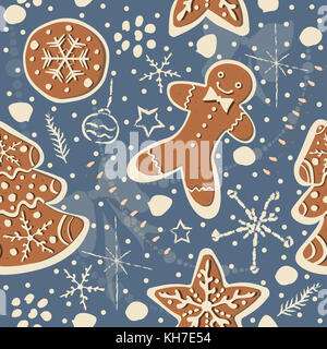 Carino seamless inverno sfondo con gingerbread cookie. inverno illustrazione. Foto Stock
