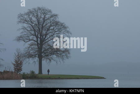 Schwerin, Germania. 15 novembre 2017. Un escursionista che cammina sotto il clima nuvoloso sulla penisola di Marstall al lago Schwerin a Schwerin, Germania, 15 novembre 2017. Il clima nel nord della Germania, con un gocciolamento e temperature nelle singole cifre, mostra il suo lato ostile. Crediti: Jens Büttner/dpa-Zentralbild/dpa/Alamy Live News Foto Stock