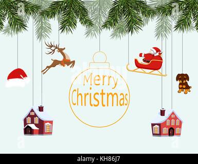 Anno nuovo natale. vari giocattoli appesi sui rami di abete rosso, santa sulla slitta, santa hat, cervi, case, cane. Buon Natale. illustrazione Illustrazione Vettoriale