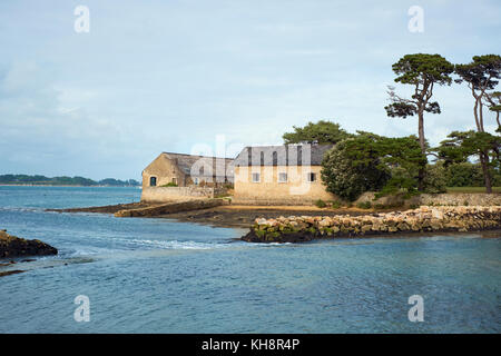 La strada di marea per Ile de Berder nel Golfo di Morbihan Briitany Francia. Foto Stock