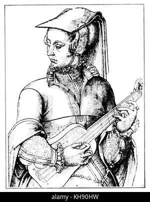 'L'Consert' - chitarrista. Donna rinascimentale a suonare la chitarra. Unsigned serie francese di xilografie, c. 1570. Foto Stock