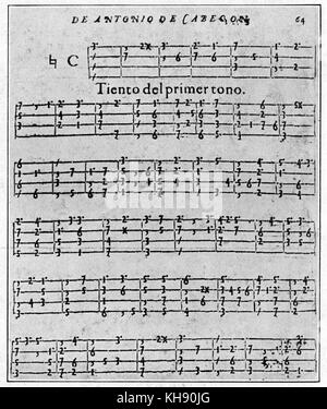 Antonio de Cabezon, dal 'Obras de musica para Tecla', 'l'Arpa y Vehuela' in spagnolo organ tablature, Madrid, 1578. Rinascimento spagnolo organista cieco e compositore, 1510-1566. Foto Stock