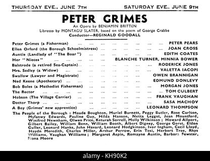 Britten 's opera 'Peter Grimes' - programma di premiere in Sadler's Wells, London, 1945 con full cast. Compositore inglese, direttore e pianista, 22 novembre 1913 - 4 dicembre 1976. Foto Stock