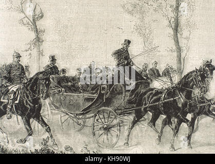 Guerra franco-prussiana. 1870-1871. Napoleone III Bonaparte (1808-1873) catturati dall'esercito prussiano dopo la battaglia di Sedan (settembre 1870). Incisione. Xix secolo. Foto Stock