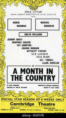 Un mese nel paese - Riproduzione da Ivan Turgenev. Poster per la produzione al Cambridge Theatre, Londra, settembre 1965. Con Ingrid Bergman, Michael Redgrave e Emlyn Williams. Diretto da Michael Redgrave. Adattato da Emlyn Williams. Il decor dalla Alix pietra. IT: romanziere russo e drammaturgo, Novembre 1818 - 3 settembre 1883. Foto Stock