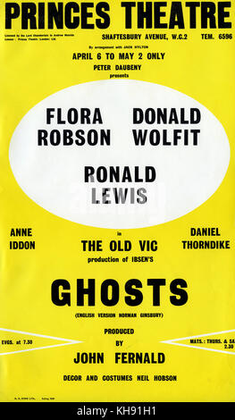 Fantasmi - Riproduzione da Henrik Ibsen. Poster per la produzione da parte del vecchio Vic a Princes Theatre, Londra, Regno Unito. Con Flora Robson, Donald Wolfit e Ronald Lewis. Versione in lingua inglese di Norman Ginsbury. Prodotte da John Fernald. Le decorazioni e i costumi da Neil Hobson. HI: drammaturgo norvegese, 20 marzo 1828 - 23 Maggio 1906 Foto Stock