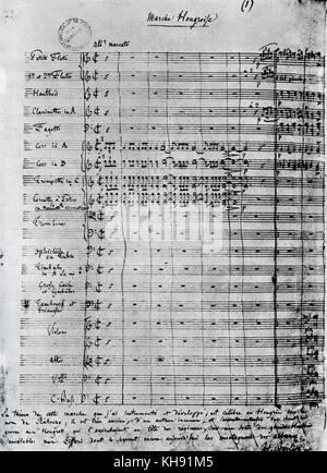 La Damnation de Faust di Hector Berlioz. Pagina autografo di punteggio per 'La marche hongroise' (ungherese marzo). "Légende dramatique' (drammatico legenda)/ opera basato sul poema di Goethe. Ha debuttato il 6 dicembre 1846 all'opéra-comique, Parigi. HB: il compositore francese, 11 Dicembre 1803 - 8 Marzo 1869 Foto Stock