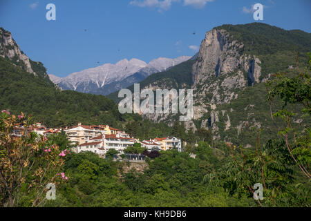 Cerca fino alla cima del monte Olimpo da litochoro, Grecia. numerosi uccelli nero cerchio overhead godendo di mattina presto termiche creato da picchi Foto Stock