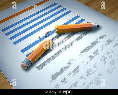 Rotture di matita su un foglio di carta stampata. 3d'illustrazione. Foto Stock
