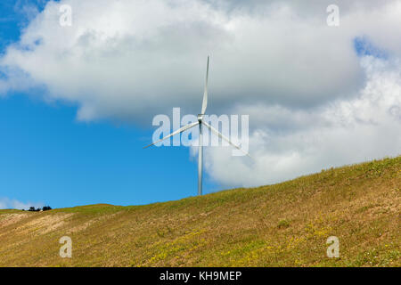 I moderni mulini a vento producono energia elettrica lungo le strade della Georgia, le turbine eoliche lungo la strada, potenza di turbine di energia verde lungo la strada Foto Stock