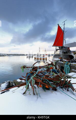 Mazzetto ossidato di cinque oscurata ancore del grappino e blu-verde corde sulla coperta di neve pier-barche da pesca ormeggiate nel porto di eggum pronto a downdoad Foto Stock