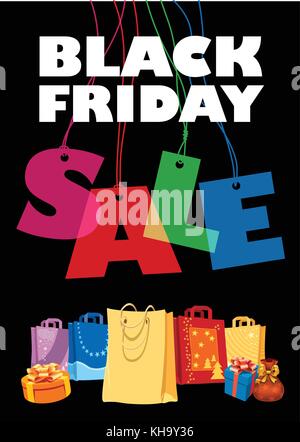 Venerdì nero, vendita creative design colorato modello su sfondo nero Illustrazione Vettoriale