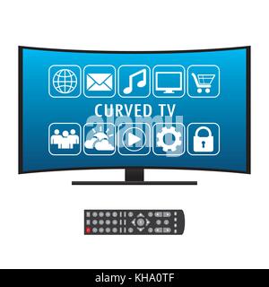 Controllo remoto e ricurva ultra hd tv, piatta illustrazione vettoriale su sfondo bianco Illustrazione Vettoriale