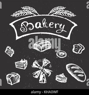 Set da forno,chalk stile disegnato a mano design,illustrazione vettoriale Illustrazione Vettoriale