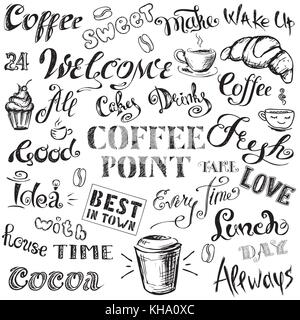 Collezione - caffè scritte ed elementi,disegnati a mano su sfondo bianco, stock illustrazione vettoriale Illustrazione Vettoriale