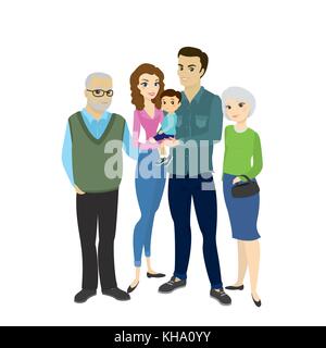 Bella famiglia felice coppia con il figlio e la nonna,nonno , isolato su sfondo bianco, stock cartoon illustrazione vettoriale Illustrazione Vettoriale