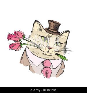 Gatto gentiluomo con bouquet di fiori in denti Illustrazione Vettoriale