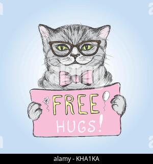 Cute cat indossando occhiali con un segno free hugs, illustrazione vettoriale Illustrazione Vettoriale