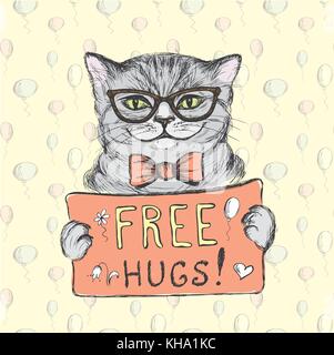 Cute cat indossando occhiali con un segno free hugs, illustrazione vettoriale Illustrazione Vettoriale