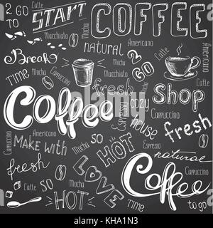 Illustrazione Vettoriale disegnati a mano Caffè di andare, bicchieri, tazze, i fagioli e i tipi di lettering . in bianco e nero Illustrazione Vettoriale