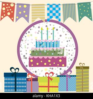 Buon compleanno picture, bandiere, torta, doni. illustrazione vettoriale Illustrazione Vettoriale