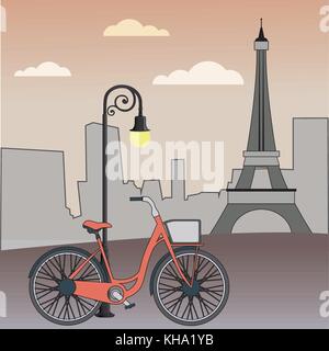 Bicicletta appoggiata contro un lampione e la torre eiffel sullo sfondo, vedute di Parigi, illustrazione vettoriale Illustrazione Vettoriale