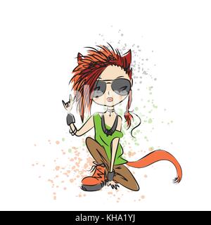 Rock Girl cat, illustrazione vettoriale Illustrazione Vettoriale