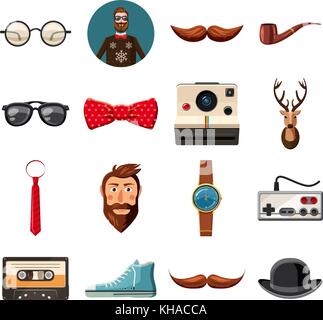 Hipster le icone degli elementi del set, stile cartoon Illustrazione Vettoriale