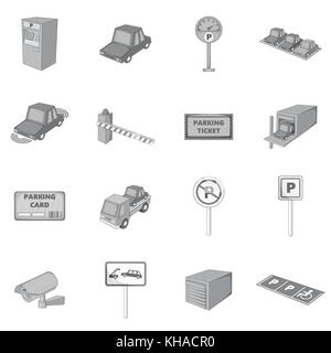 Parcheggio voci set di icone di stile in bianco e nero Illustrazione Vettoriale