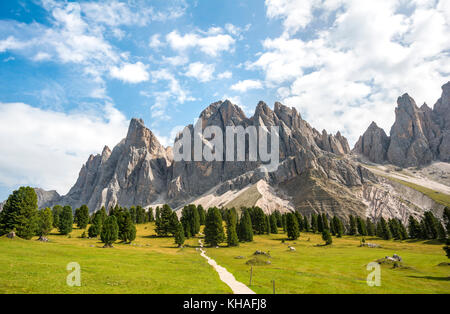 Sentiero escursionistico vicino al Gschnagenhardt Alm, dietro Geislerspitzen, Villnösstal, Sass Rigais, Dolomiti, Alto Adige, Italia Foto Stock