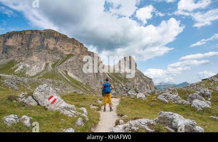 Gli escursionisti sul sentiero circolare intorno al gruppo del Sella, Passo Gardena, Passo Gardena, parco naturale del parco di Puez Geisler, Dolomiti Foto Stock