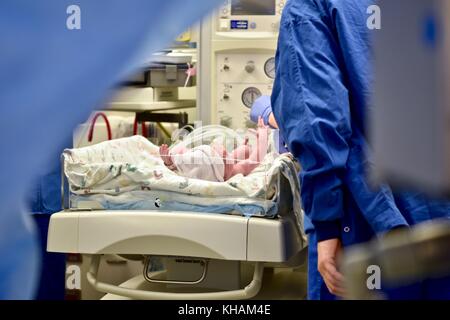 Il neonato viene controllato dal personale medico immediatamente dopo la nascita Foto Stock