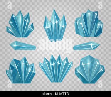 Cristalli di ghiaccio acqua ghiacciata di cubetti isolati su sfondo trasparente e icicle blocchi fredda illustrazione vettoriale Illustrazione Vettoriale