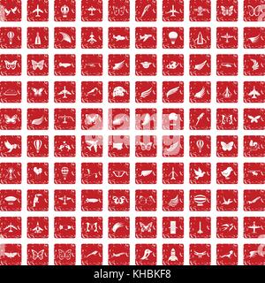 100 fly set di icone grunge red Illustrazione Vettoriale